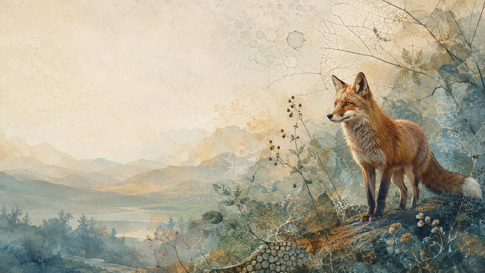 An alert fox in a translucent landscape of botanical and cellular patterns
