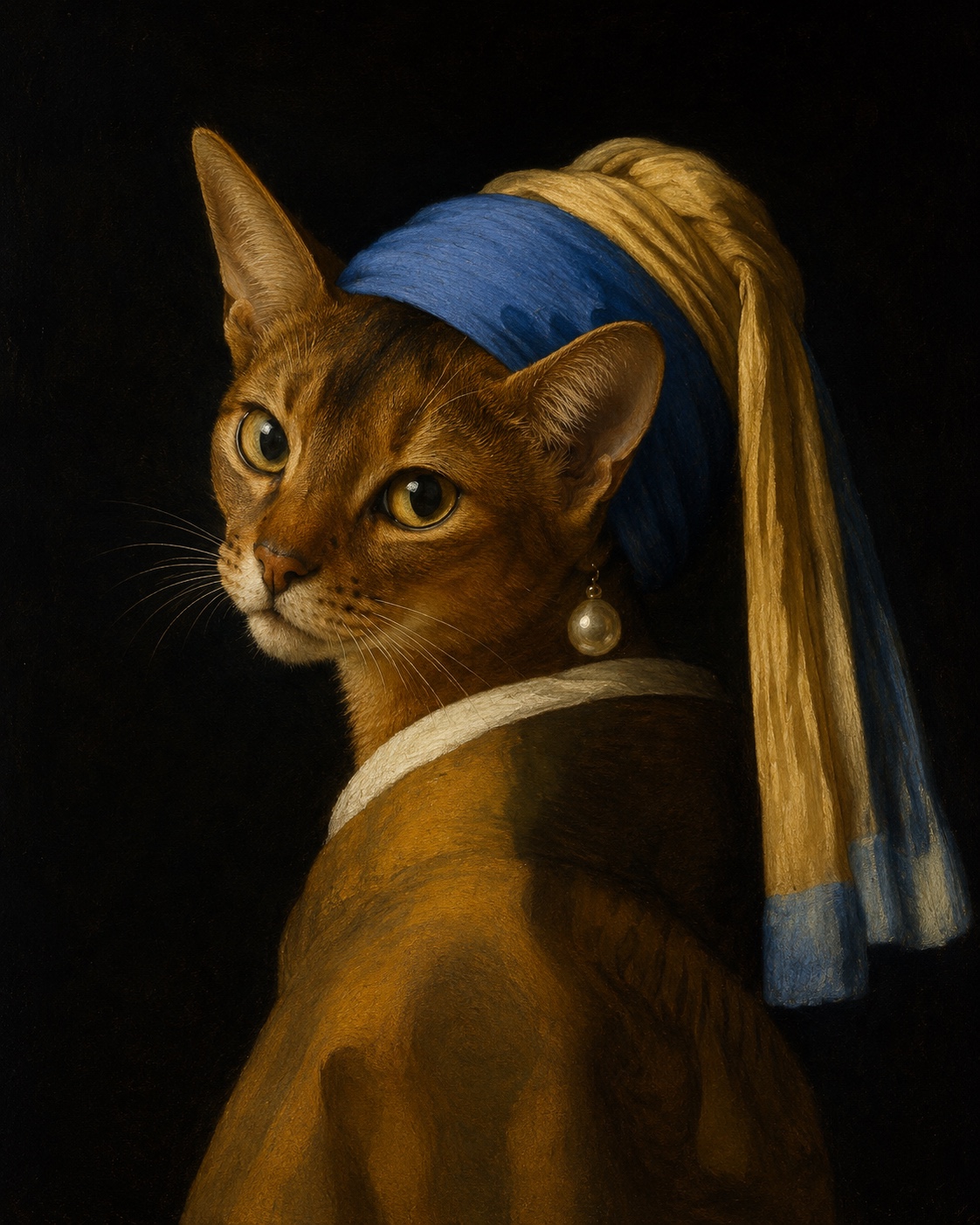 An Abyssinian cat portrayed in the pose and costume of Girl with a Pearl Earring