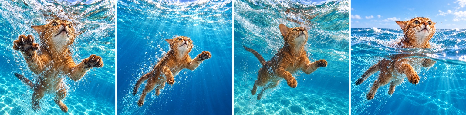 Four scenes of an orange cat plunging underwater, swimming upward, and reaching the surface