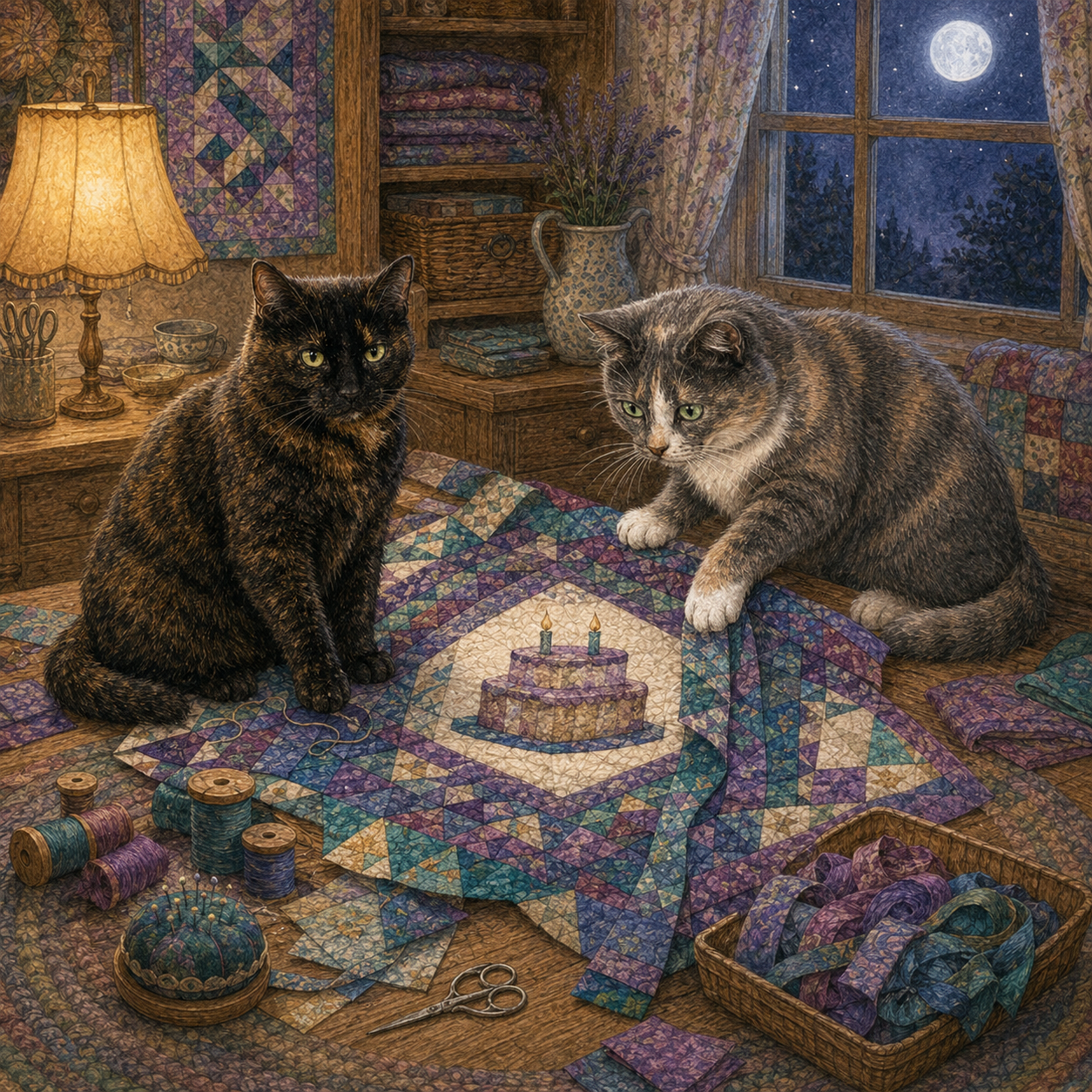 Two cats stitching a purple and teal birthday quilt by lamplight, with the moon outside the window