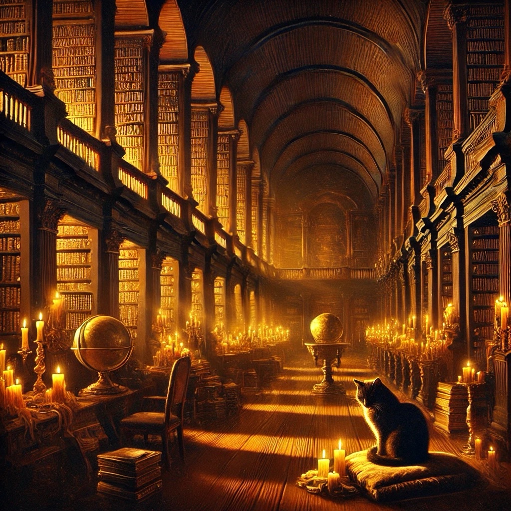 A black cat sits among candles in a towering old library