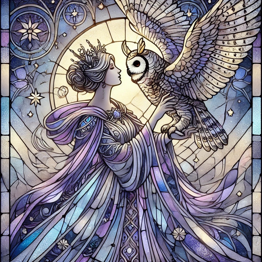 A stained-glass-style woman facing a great horned owl with outstretched wings